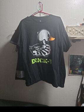 Spencer's Black Graphic Tee with White Skeleton Duck and Lime Text